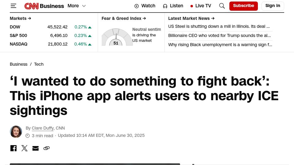 Screenshot of cnn.com: iPhone app alerts users to nearby ICE sightings
