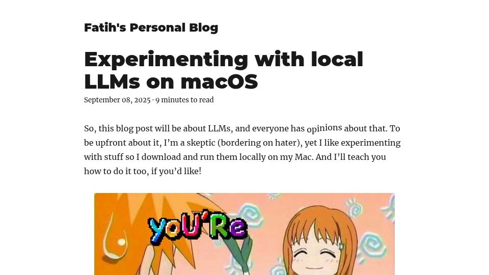 Screenshot of blog.6nok.org: Experimenting with Local LLMs on macOS