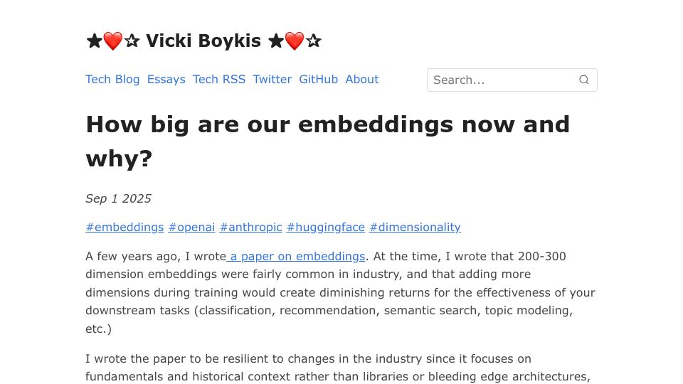 Screenshot of vickiboykis.com: How big are our embeddings now and why?