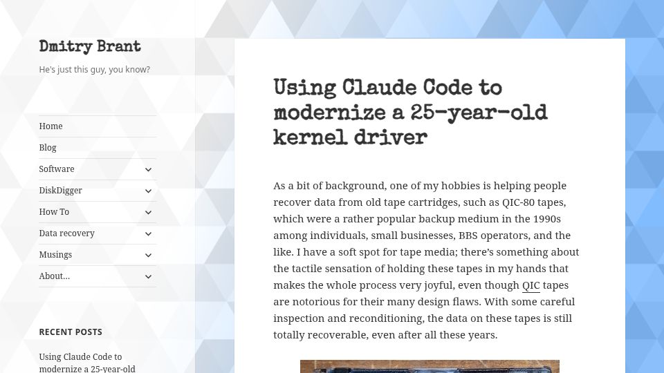 Screenshot of dmitrybrant.com: Using Claude Code to modernize a 25-year-old kernel driver