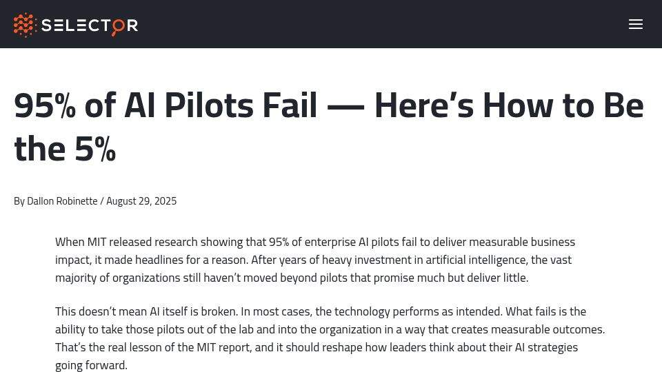 Screenshot of selector.ai: 95% of AI Pilots Fail