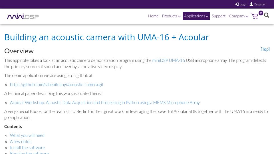 Screenshot of minidsp.com: Building an acoustic camera with UMA-16 and Acoular