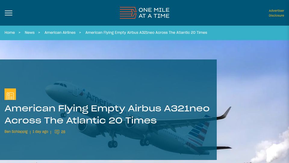 Screenshot of onemileatatime.com: American Flying Empty Airbus A321neo Across the Atlantic 20 Times