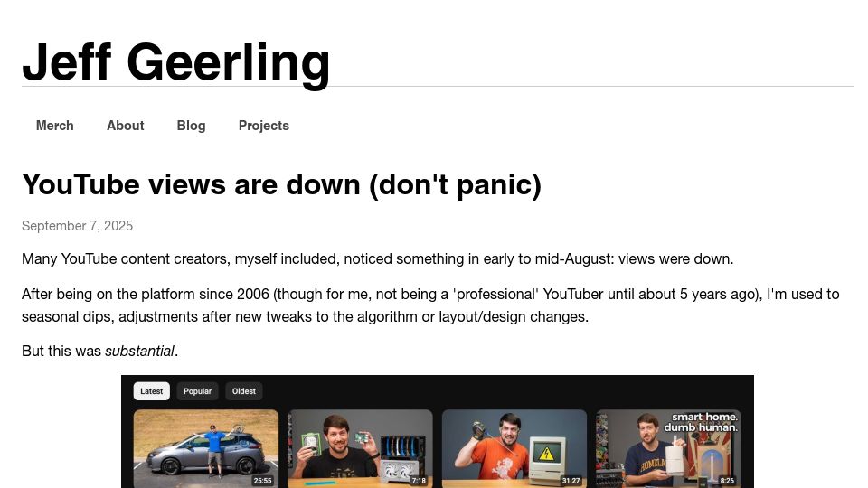 Screenshot of jeffgeerling.com: YouTube views are down (don't panic)