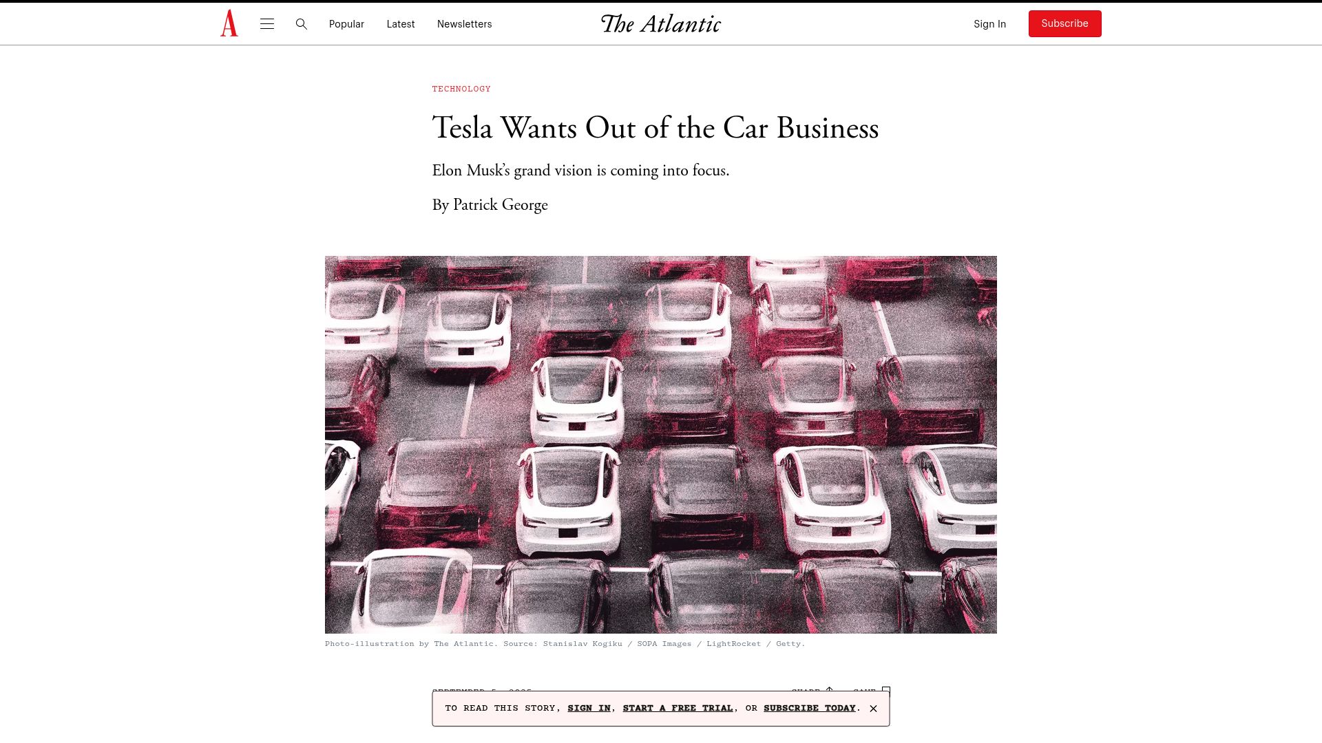 Screenshot of theatlantic.com: Tesla Wants Out of the Car Business