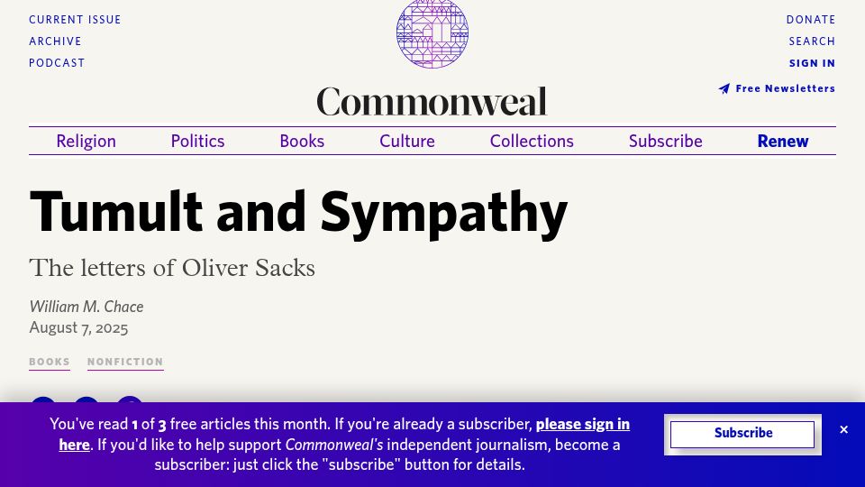 Screenshot of commonwealmagazine.org: Tumult and Sympathy: The Letters of Oliver Sacks