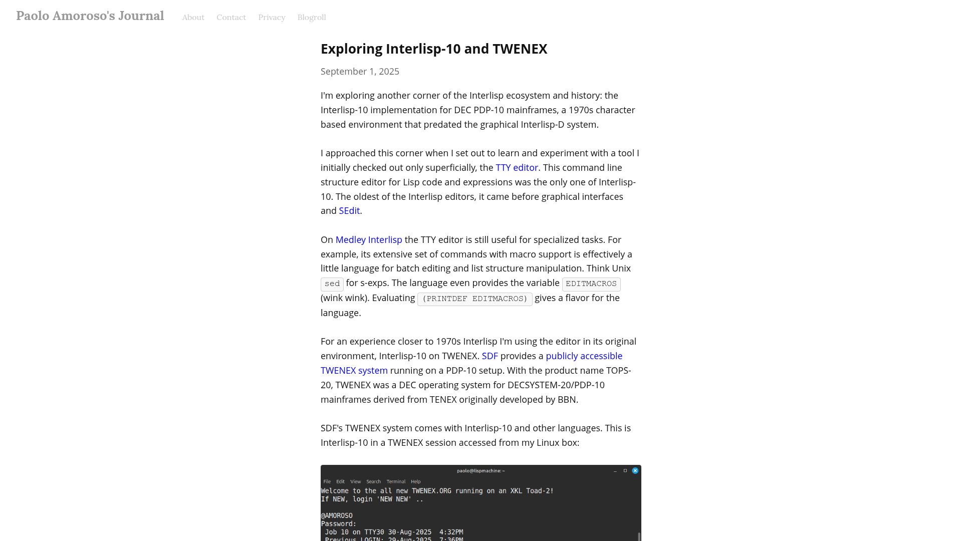 Screenshot of journal.paoloamoroso.com: Exploring Interlisp-10 and Twenex