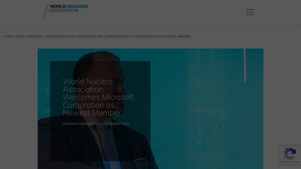Screenshot of world-nuclear.org: World Nuclear Association Welcomes Microsoft Corporation as Newest Member
