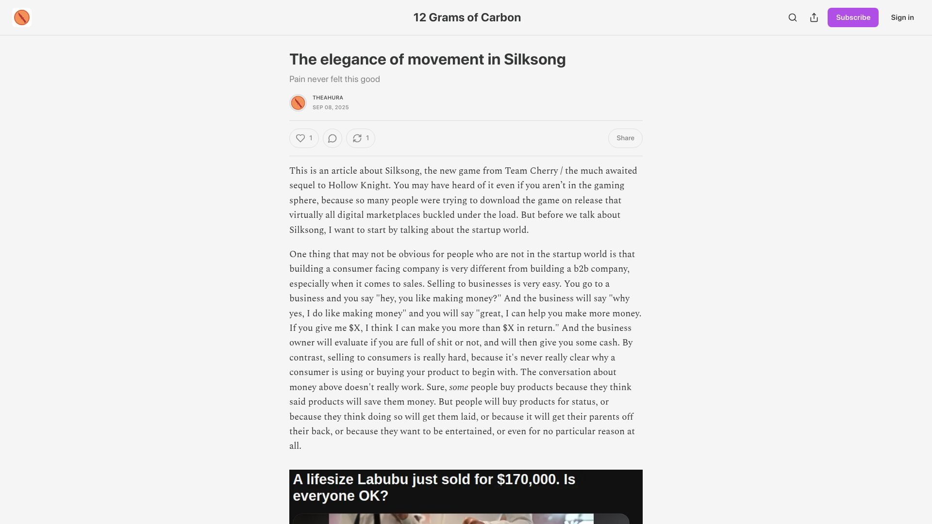 Screenshot of theahura.substack.com: The elegance of movement in Silksong