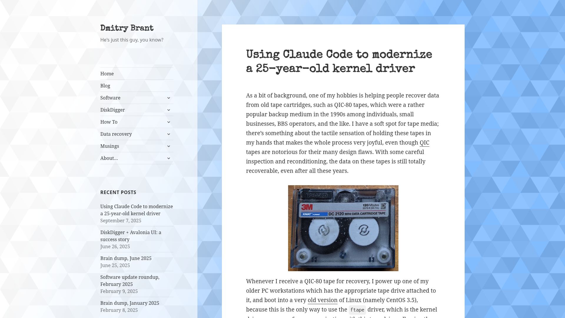 Screenshot of dmitrybrant.com: Using Claude Code to modernize a 25-year-old kernel driver