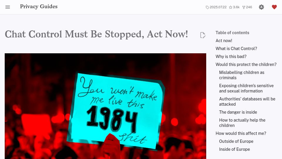 Screenshot of privacyguides.org: Chat Control Must Be Stopped