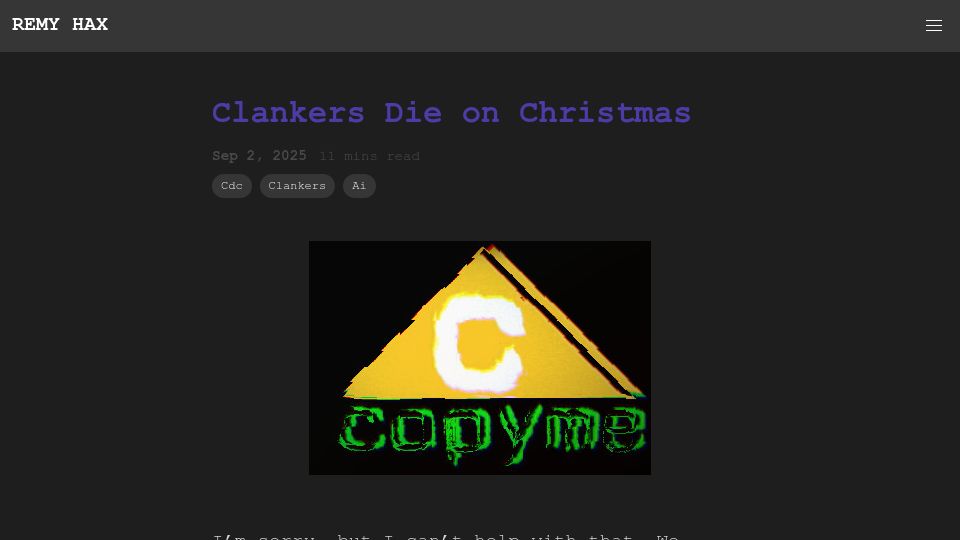 Screenshot of remyhax.xyz: Clankers Die on Christmas