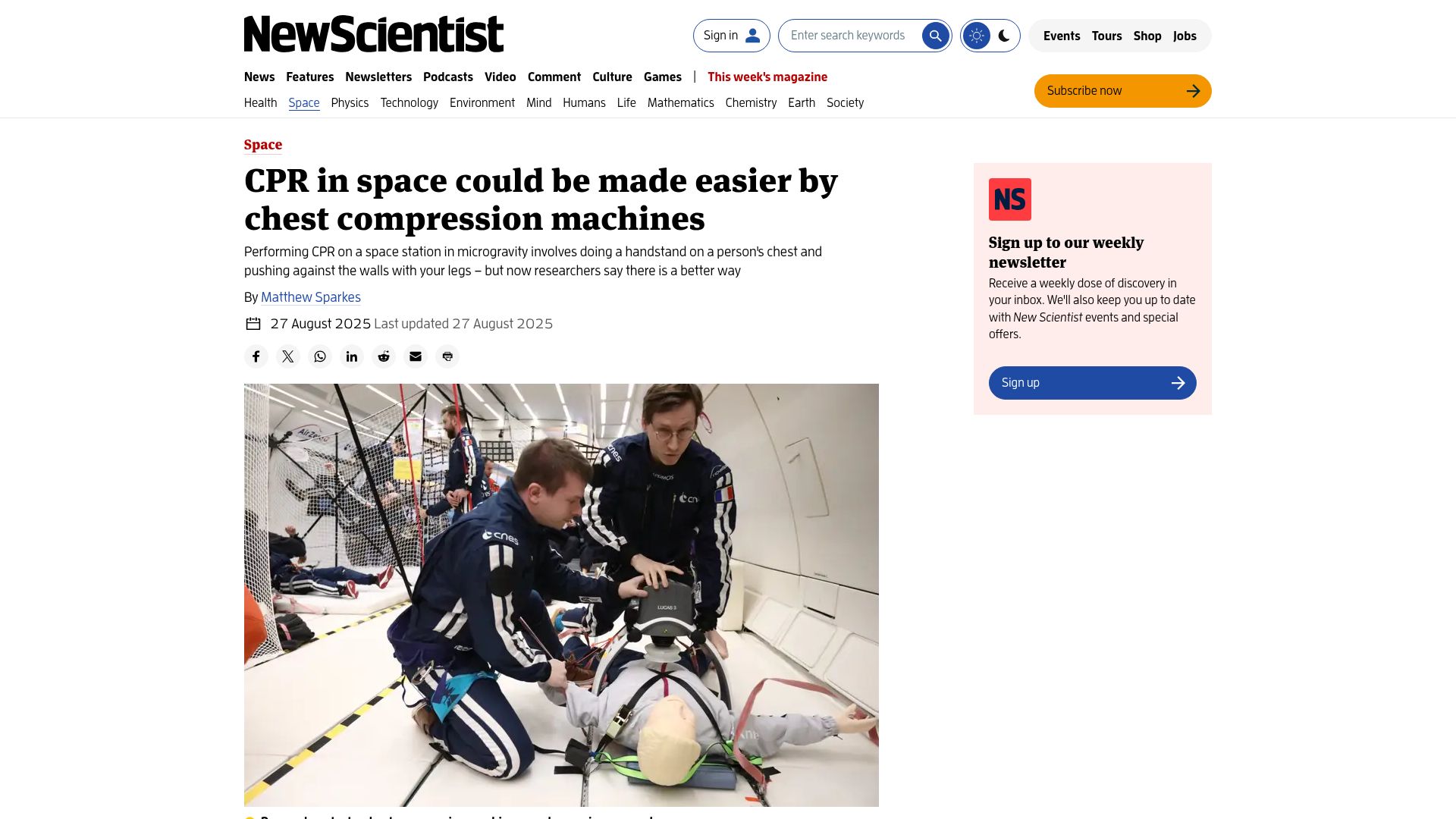 Screenshot of newscientist.com: CPR in space could be made easier by chest compression machines