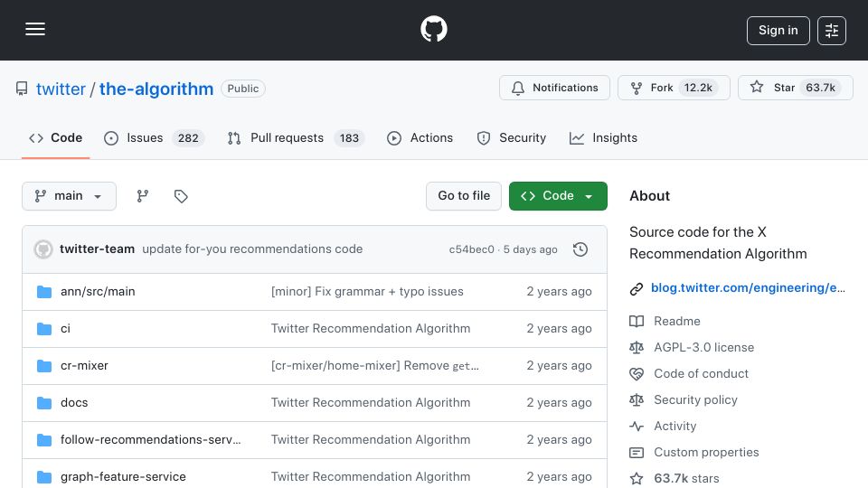 Screenshot of github.com: Source code for the X Recommendation Algorithm