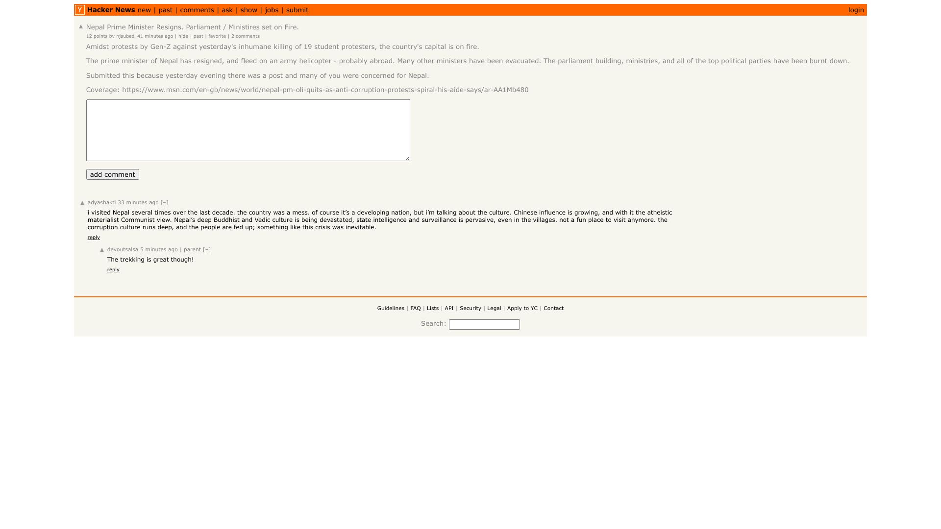 Screenshot of this Hacker News post: Nepal Prime Minister Resigns. Parliament / Ministires set on Fire.