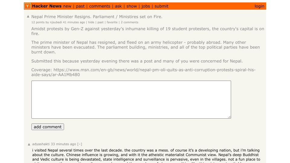 Screenshot of Hacker News post: Nepal Prime Minister Resigns. Parliament / Ministires set on Fire.