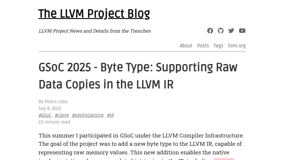 Screenshot of blog.llvm.org: Byte Type: Supporting Raw Data Copies in the LLVM IR