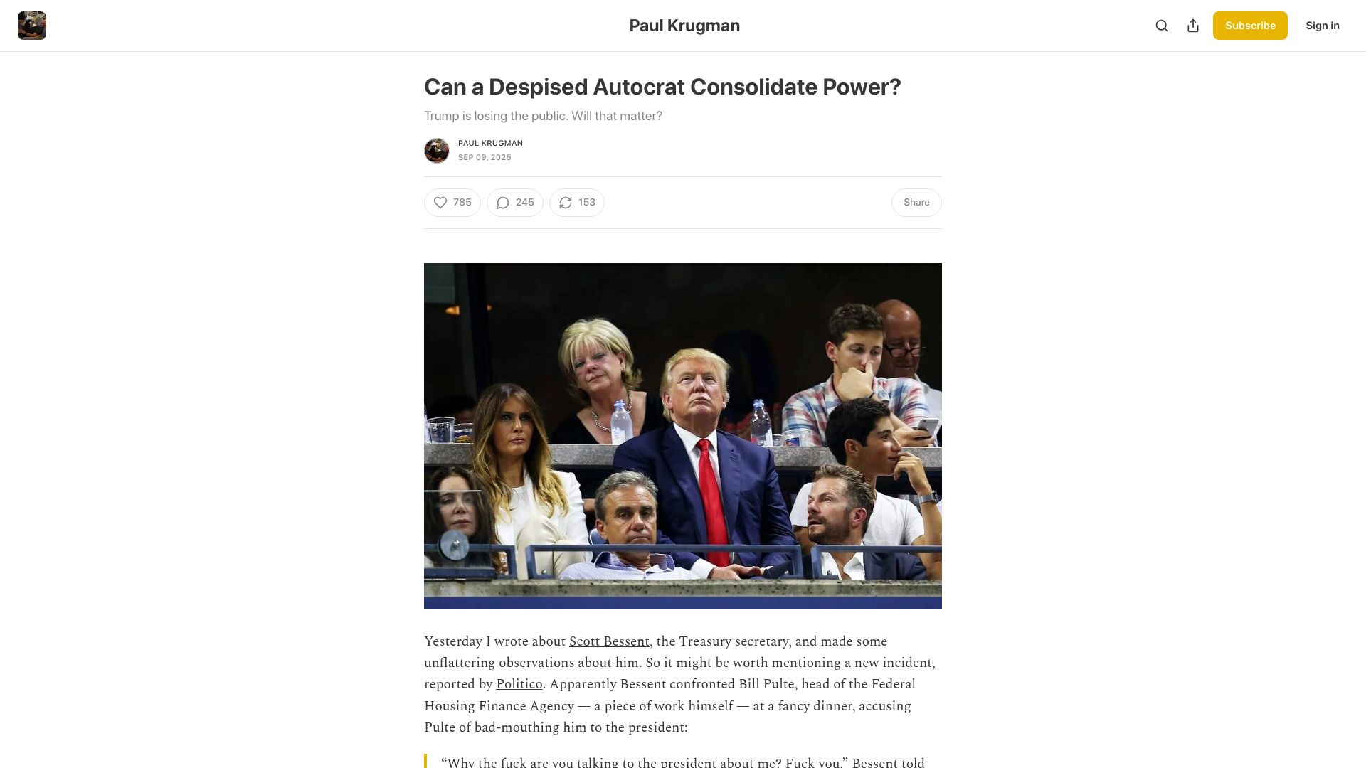 Screenshot of paulkrugman.substack.com: Can a Despised Autocrat Consolidate Power?