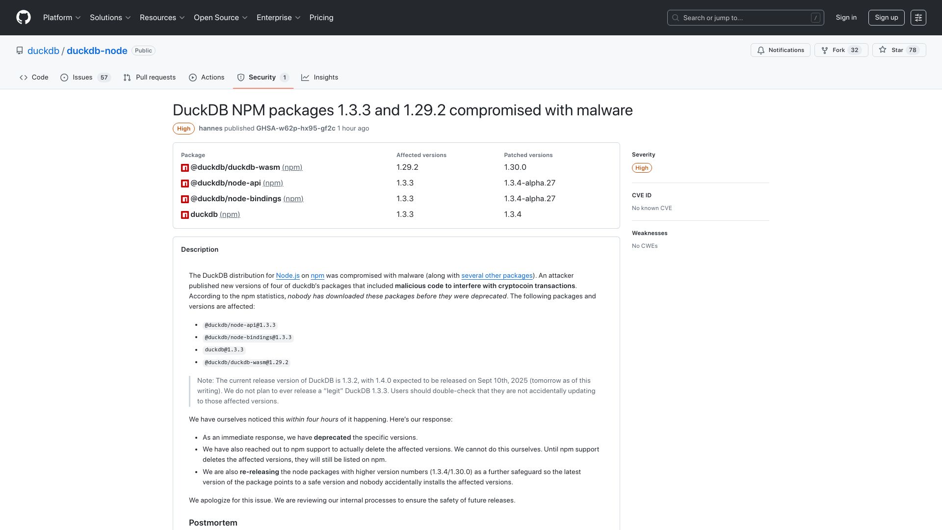 Screenshot of github.com: DuckDB NPM packages 1.3.3 and 1.29.2 compromised with malware