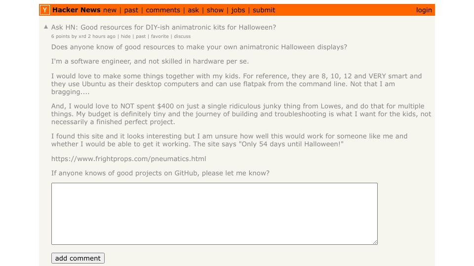 Screenshot of Hacker News post: Ask HN: Good resources for DIY-ish animatronic kits for Halloween?