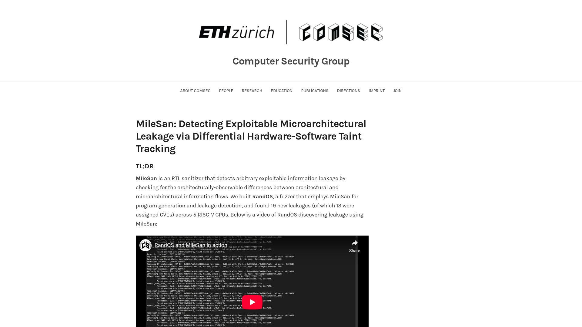Screenshot of comsec.ethz.ch: MileSan: Detecting μ-Architectural Leakage via Differential HW/SW Taint Tracking