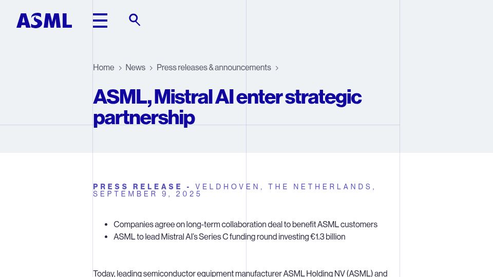 Screenshot of mistral.ai: Mistral raises 1.7B€, partners with ASML