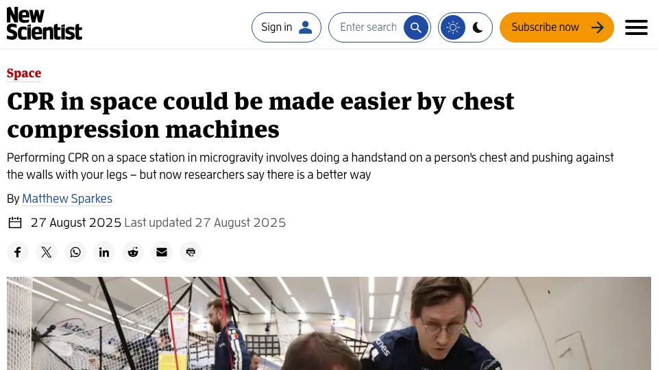 Screenshot of newscientist.com: CPR in space could be made easier by chest compression machines
