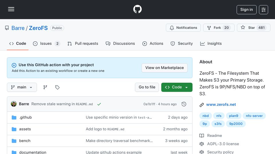 Screenshot of github.com: Show HN: ZeroFS, the Filesystem That Makes S3 Your Primary Storage