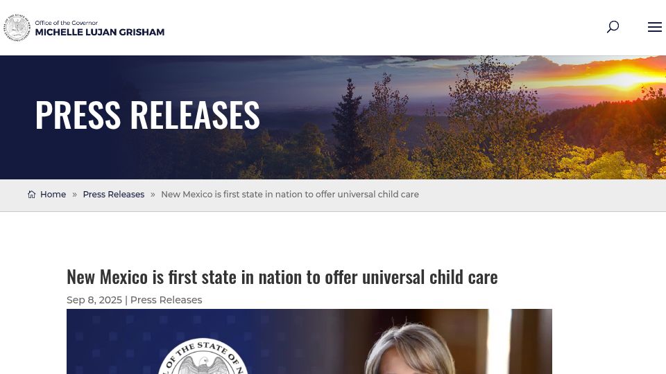 Screenshot of governor.state.nm.us: New Mexico is first state in US to offer universal child care