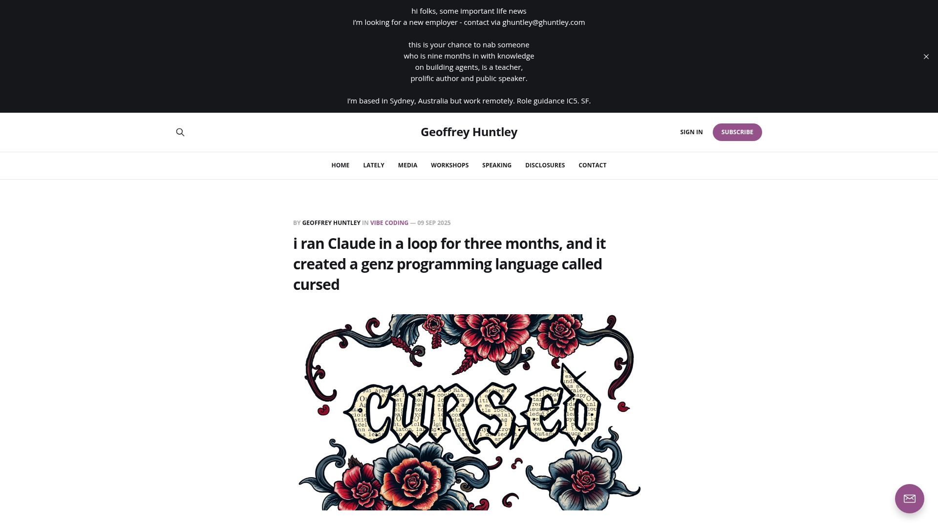 Screenshot of ghuntley.com: I ran Claude in a loop for 3 months, and it created a genz programming language