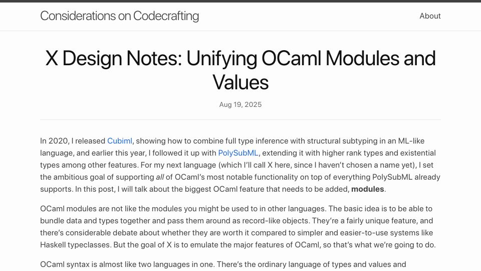 Screenshot of blog.polybdenum.com: X Design Notes: Unifying OCaml Modules and Values