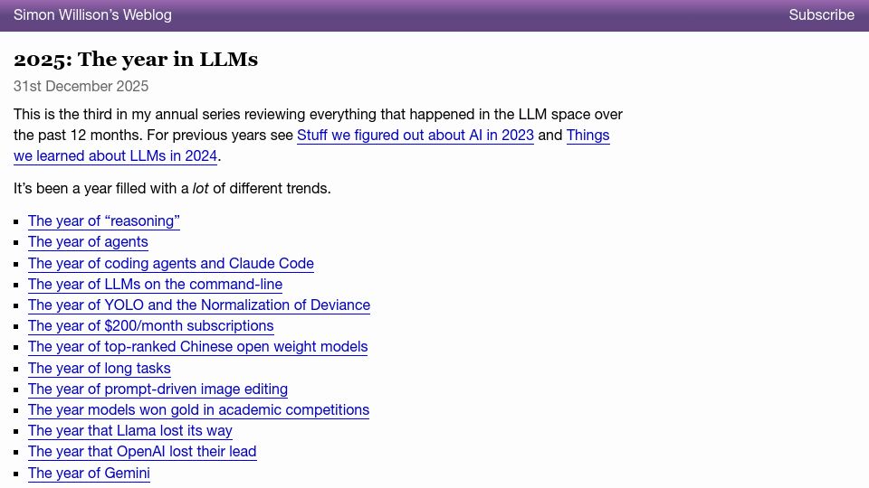 Screenshot of simonwillison.net: 2025: The Year in LLMs
