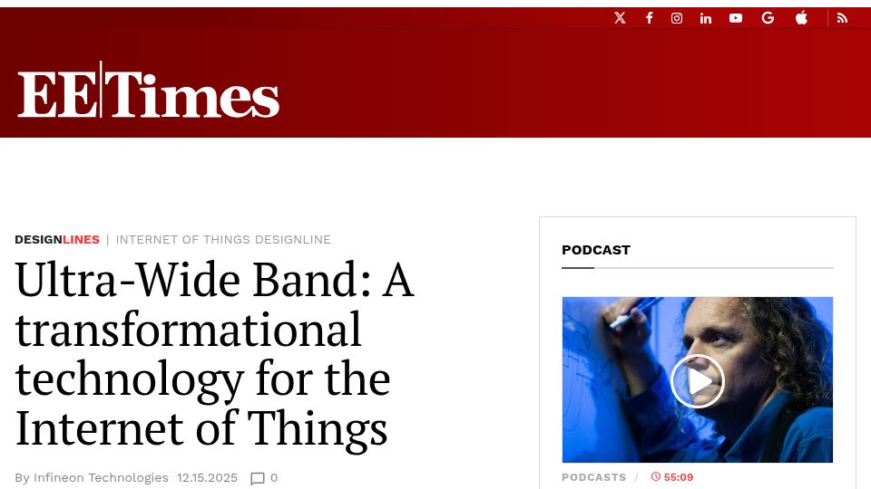 Screenshot of eetimes.com: Ultra-Wide Band: A Transformational Technology for the Internet of Things