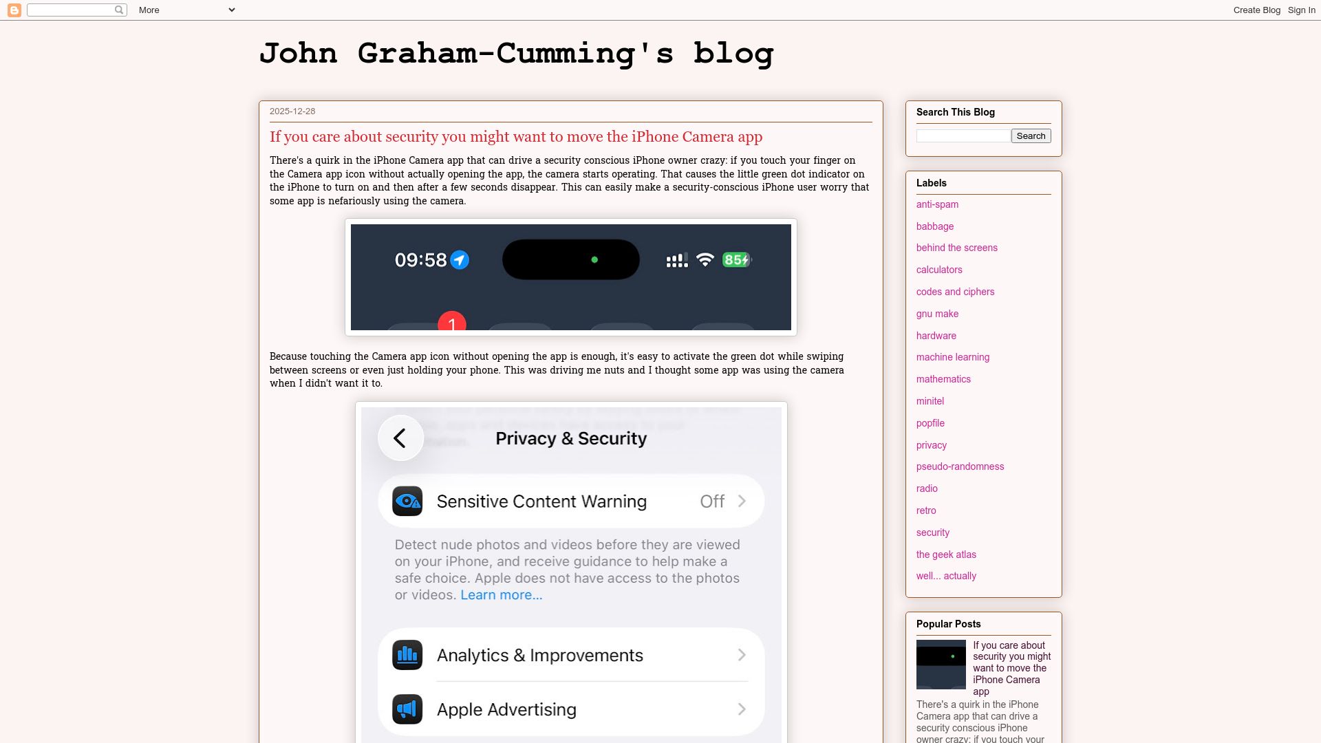 Screenshot of blog.jgc.org: If you care about security you might want to move the iPhone Camera app