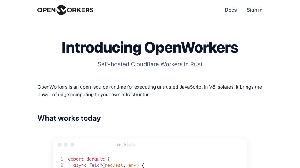 Screenshot of openworkers.com: Show HN: OpenWorkers – Self-hosted Cloudflare workers in Rust