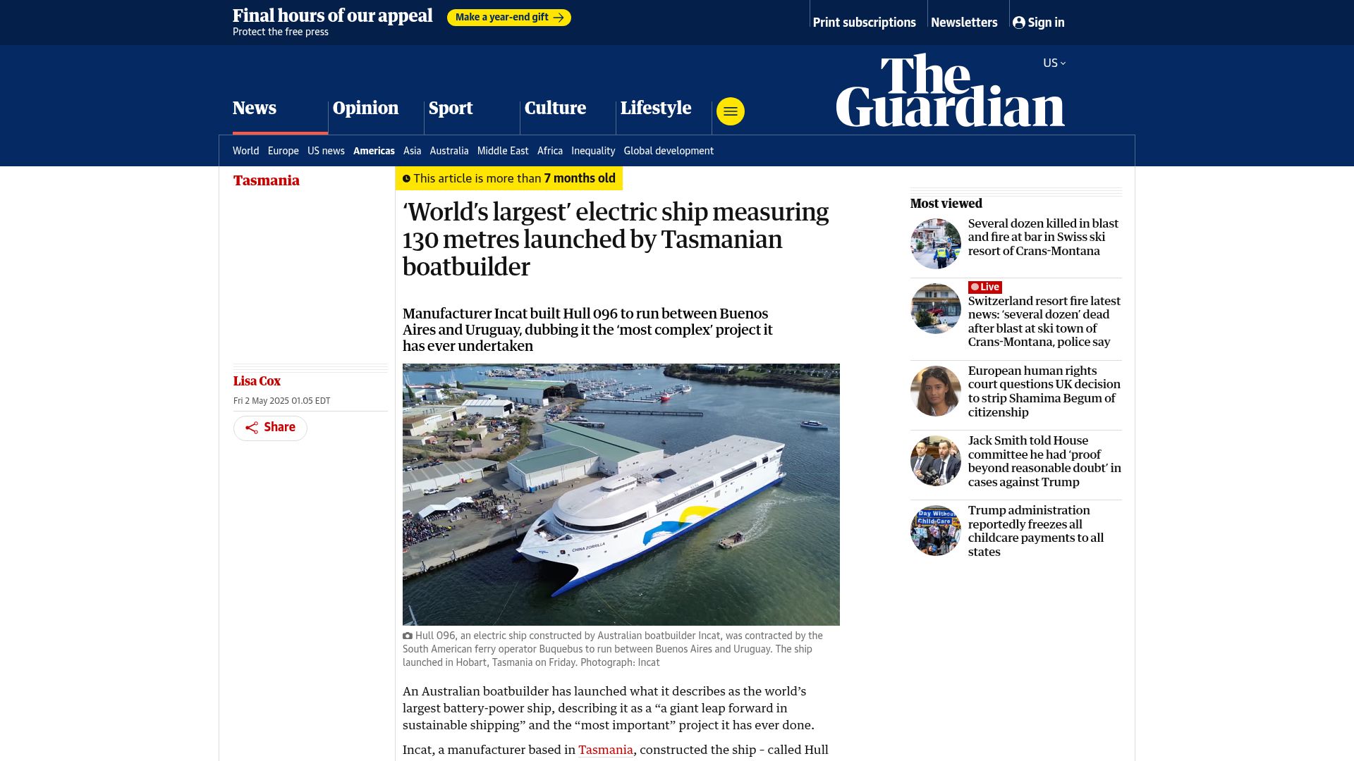 Screenshot of theguardian.com: Worlds largest electric ship launched by Tasmanian boatbuilder