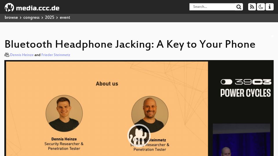 Screenshot of media.ccc.de: Bluetooth Headphone Jacking: A Key to Your Phone [video]