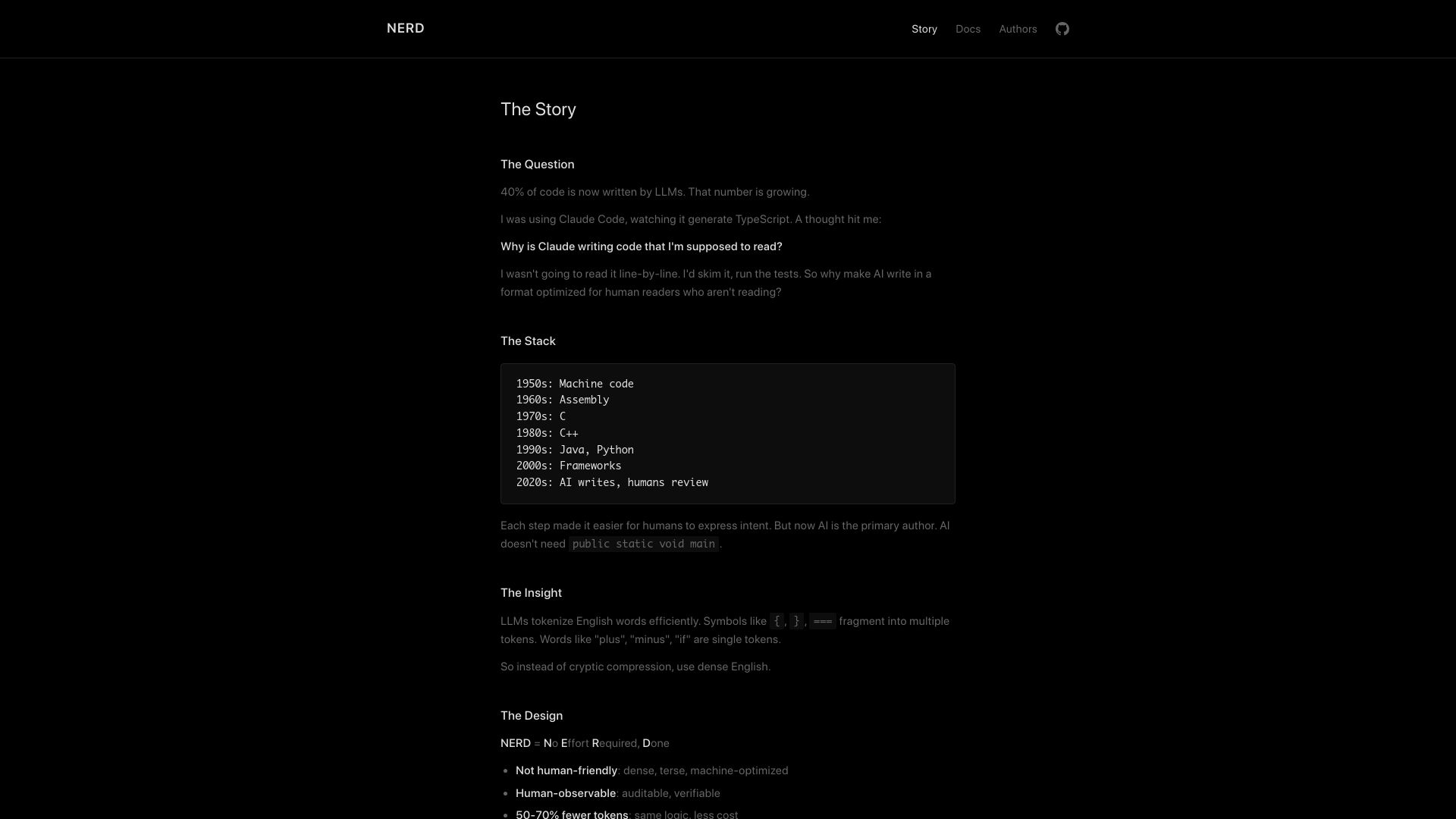 Screenshot of nerd-lang.org: Nerd: A language for LLMs, not humans