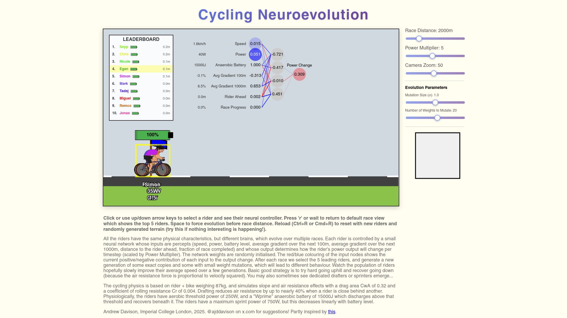 Screenshot of doc.ic.ac.uk: Cycling Game (Mini Neural Net Demo)