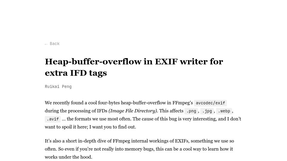 Screenshot of bugs.pwno.io: Heap Overflow in FFmpeg EXIF