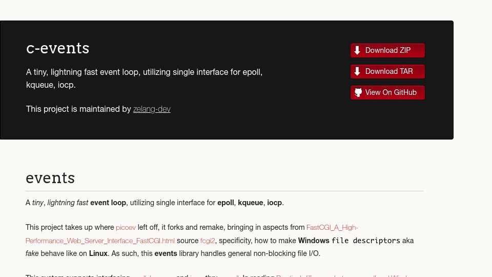 Screenshot of zelang-dev.github.io: C-events, yet another event loop, simpler, smaller, faster, safer