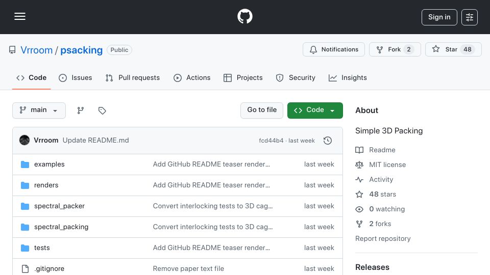 Screenshot of github.com: Simple 3D Packing