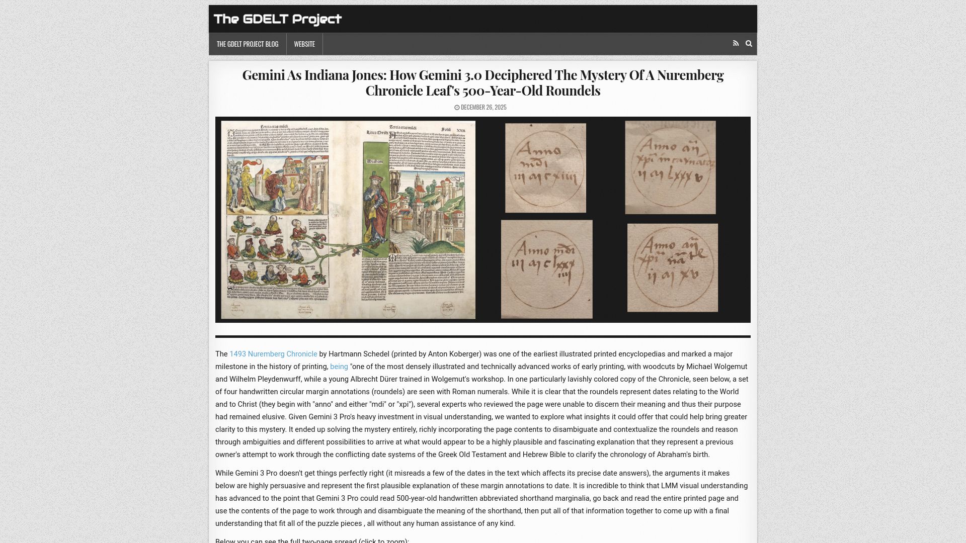 Screenshot of blog.gdeltproject.org: Gemini 3.0 Deciphered the Mystery of a Nuremberg Chronicle Leaf's
