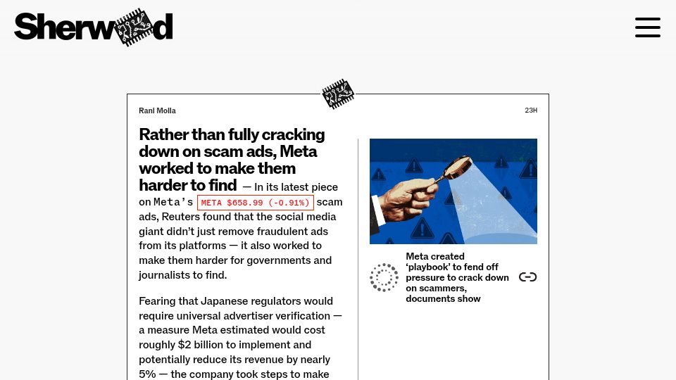 Screenshot of sherwood.news: Meta made scam ads harder to find instead of removing them