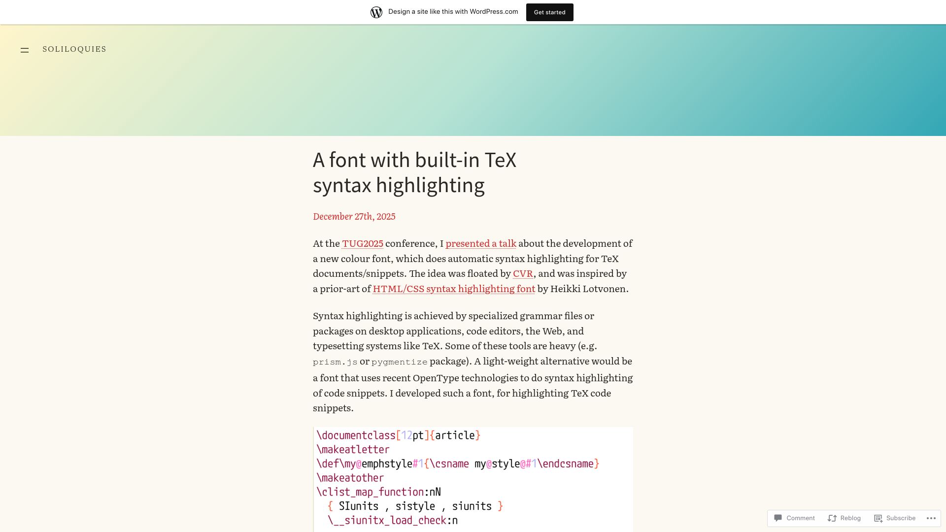Screenshot of rajeeshknambiar.wordpress.com: A font with built-in TeX syntax highlighting