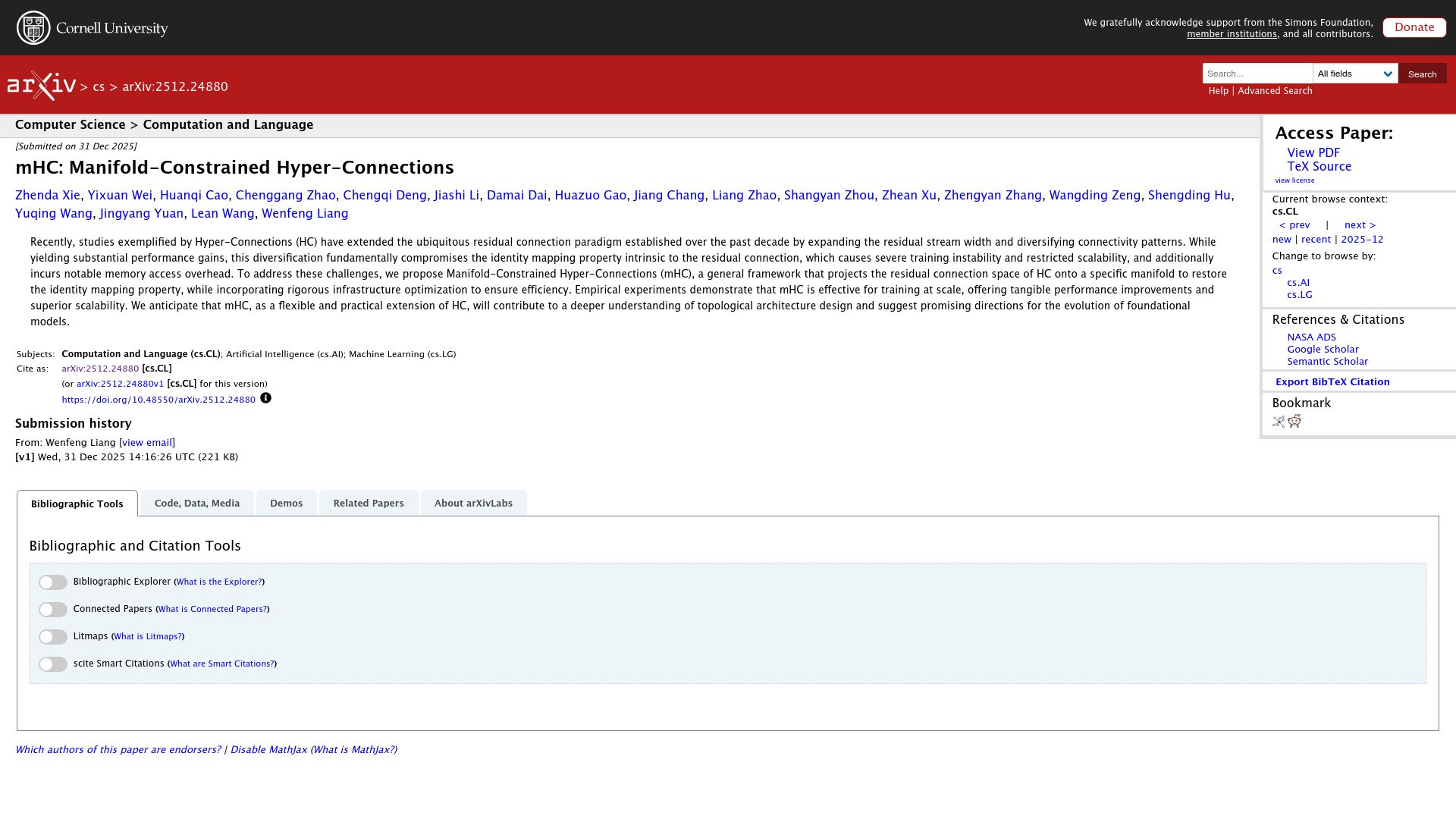 Screenshot of arxiv.org: MHC: Manifold-Constrained Hyper-Connections