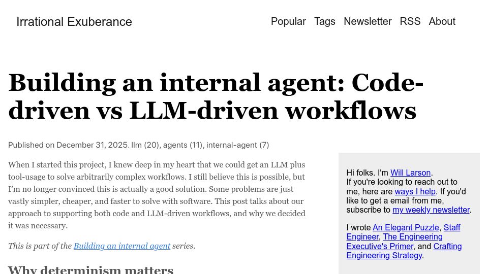 Screenshot of lethain.com: Building an internal agent: Code-driven vs. LLM-driven workflows