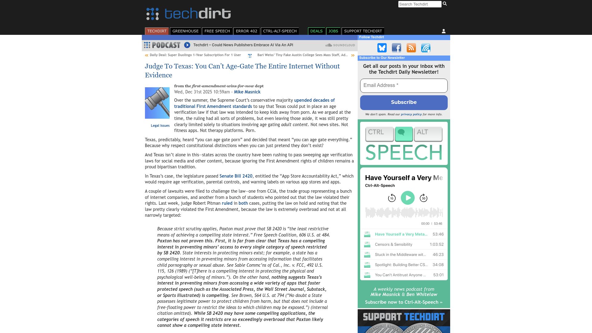 Screenshot of techdirt.com: Judge to Texas: You Can't Age-Gate the Internet Without Evidence