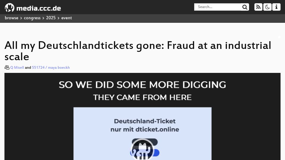 Screenshot of media.ccc.de: All my Deutschlandtickets gone: Fraud at an industrial scale [video]