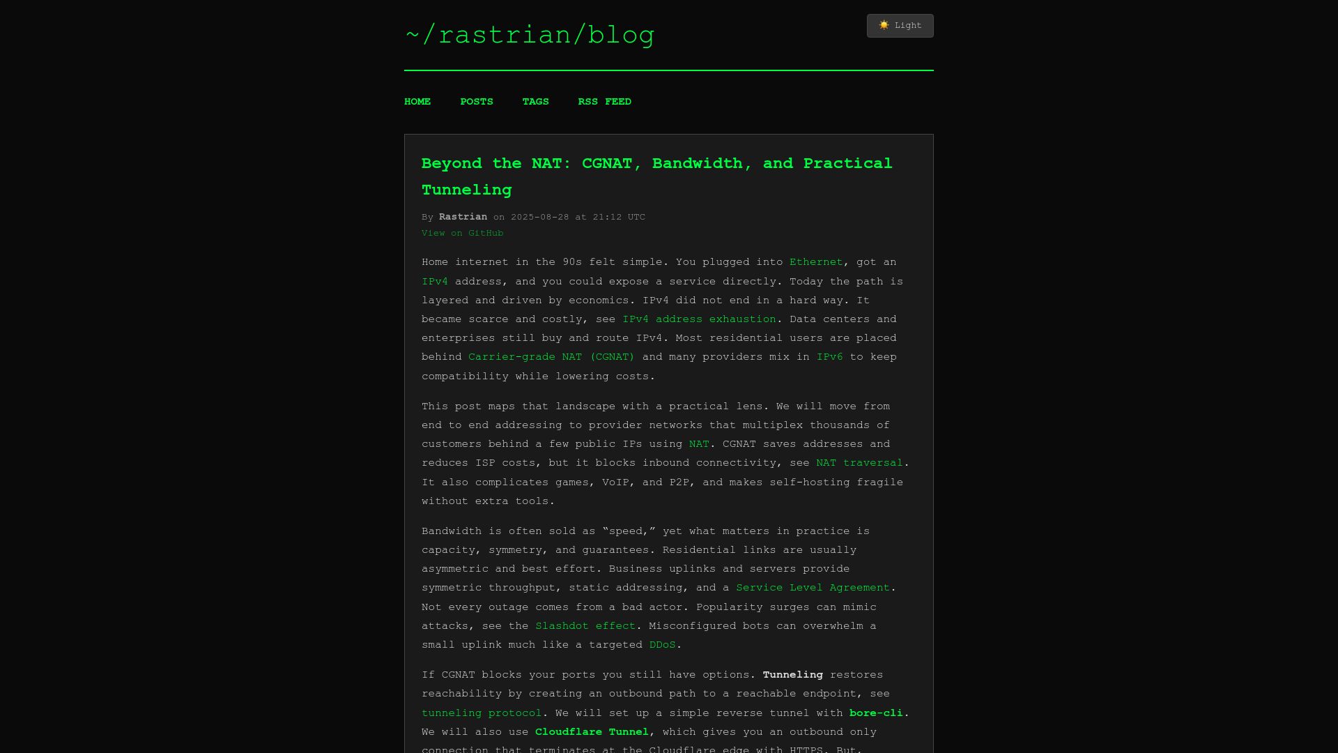 Screenshot of blog.rastrian.dev: Beyond the Nat: Cgnat, Bandwidth, and Practical Tunneling